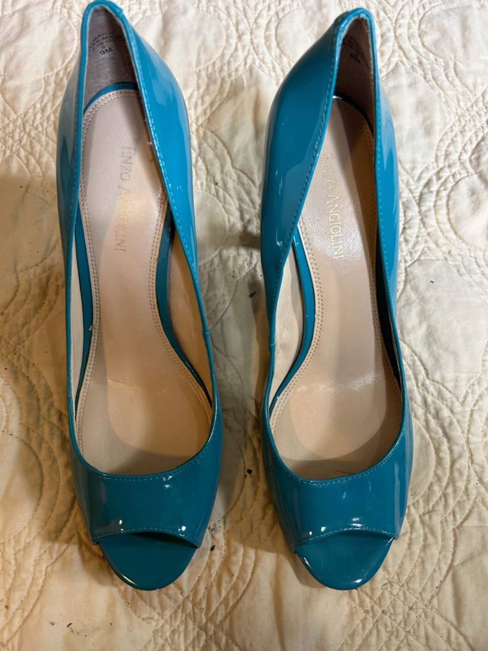 Enzo Angiolini Turquoise Patent Peep-Toe Pumps